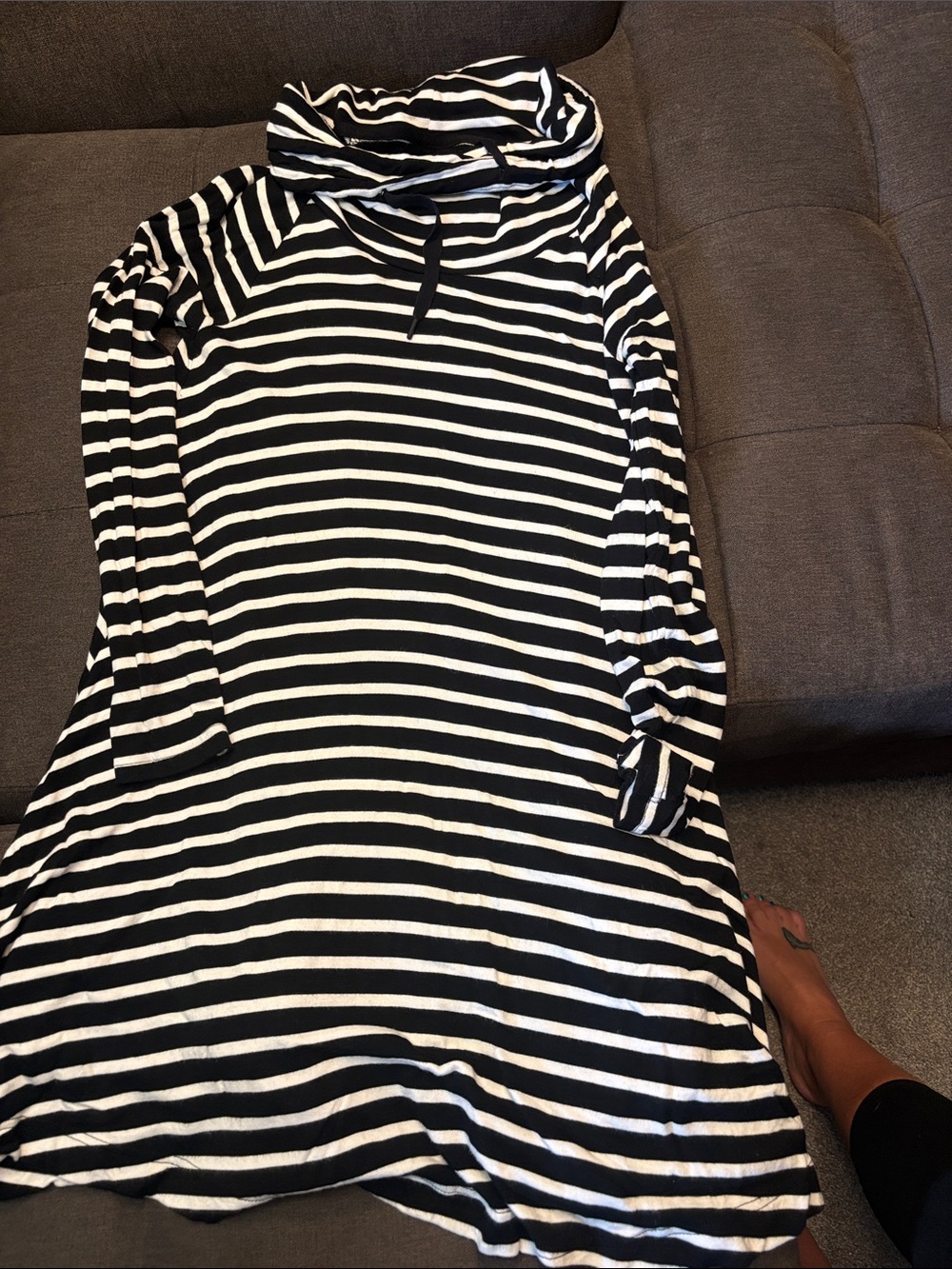 Lou & Grey Black & White Striped Cowl Neck Long Sleeve Dress